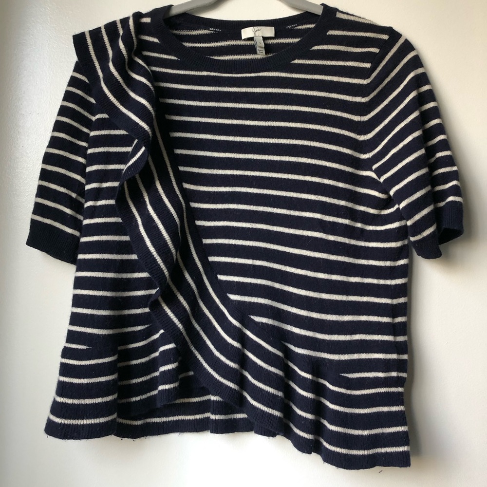 JOIE Short Sleeve Blue and White Striped Ruffle Sweater